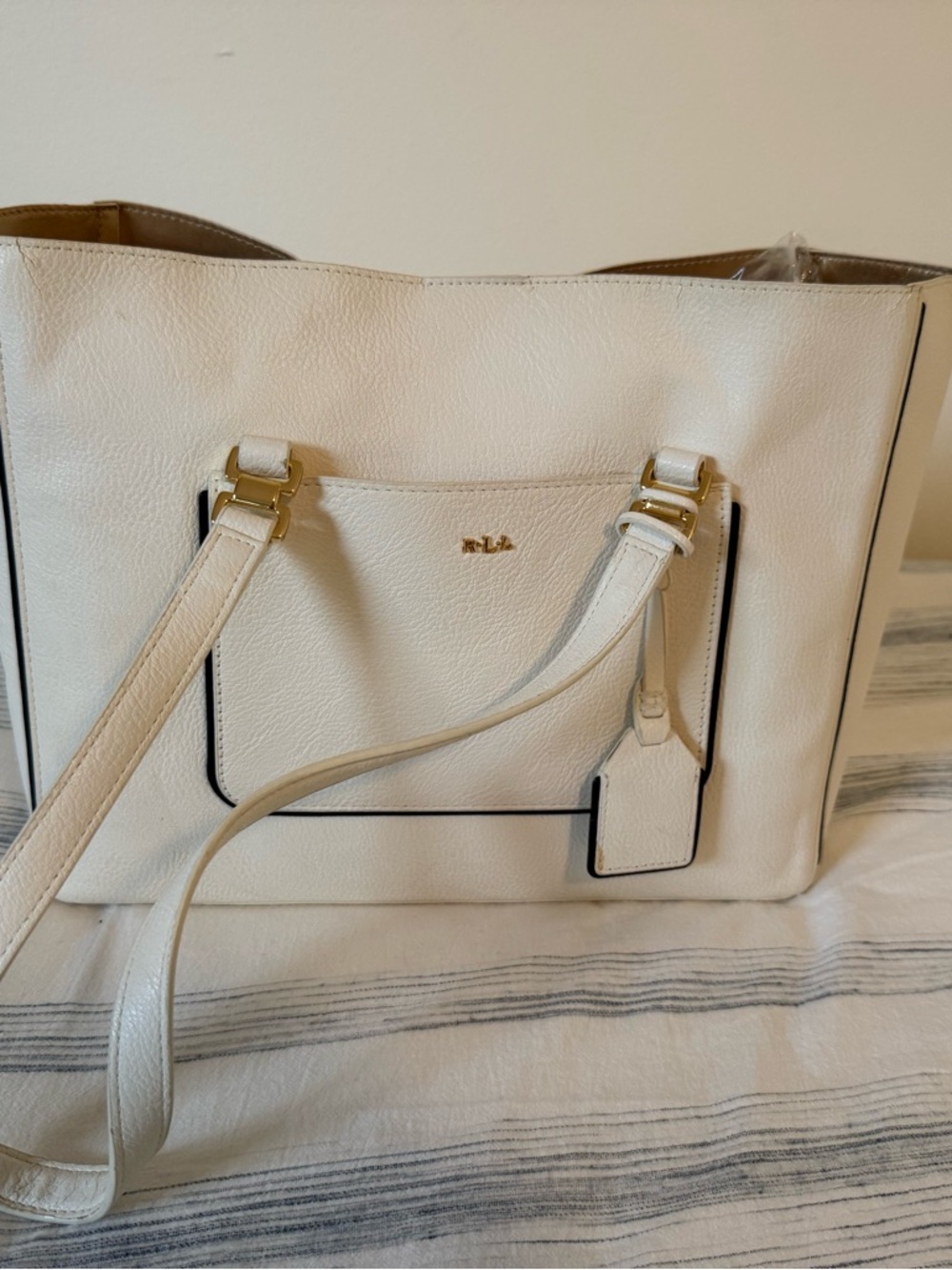 Ralph Lauren Cream Leather Tote with Black Piping